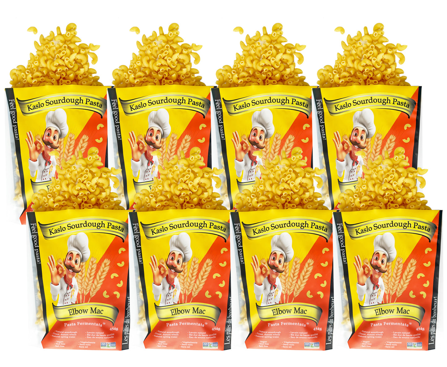 8 packages of Kaslo Sourdough Elbow mac Pasta on a white background
