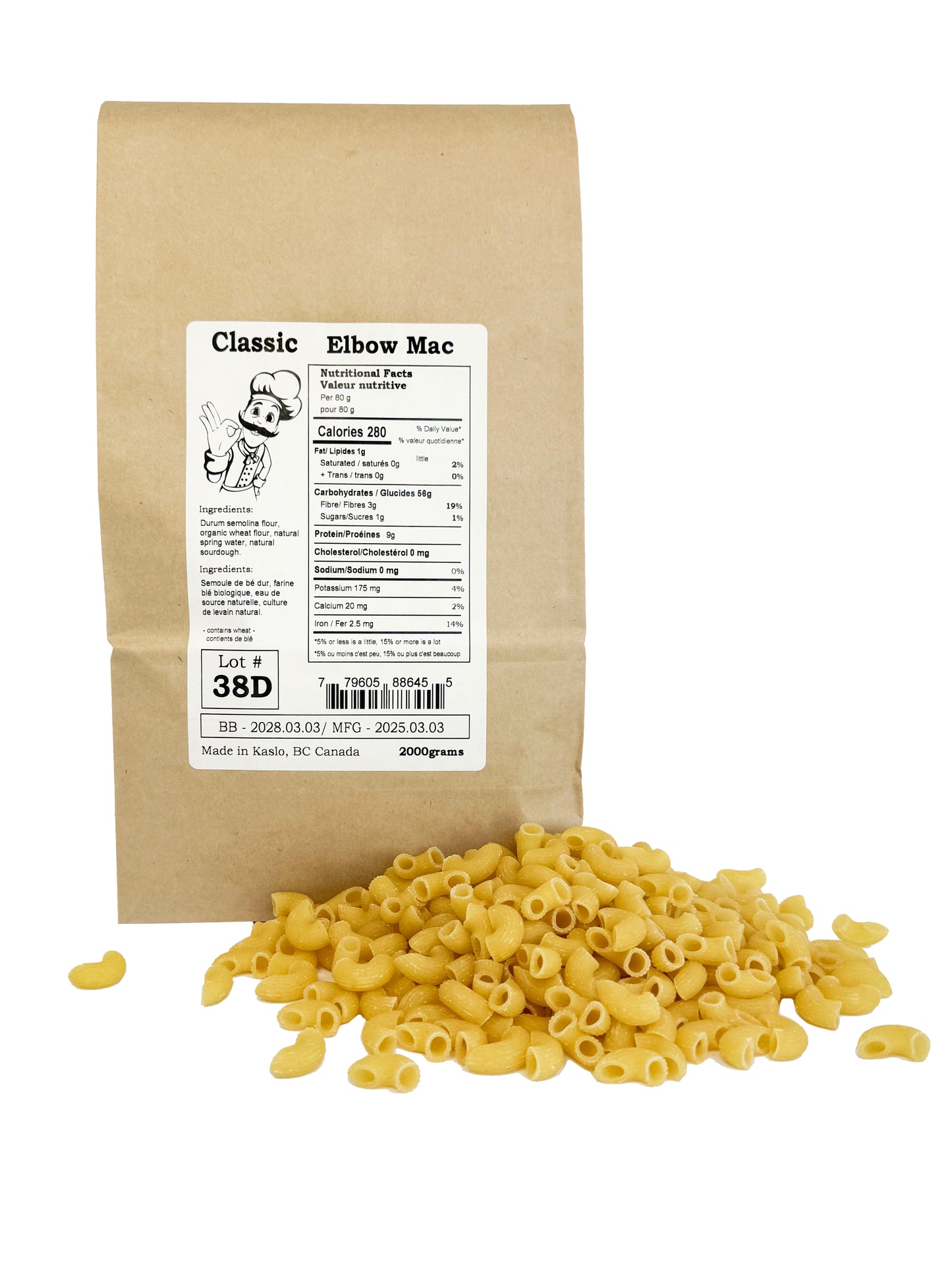 Kraft paper bag of Classic Elbow Mac pasta with a small pile of pasta in front on a white background