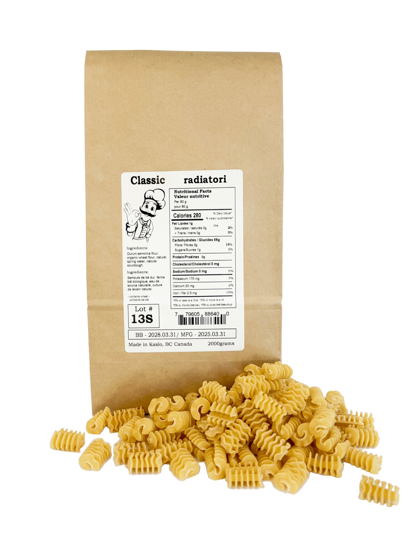 Bag of radiatori pasta with a label on a white background