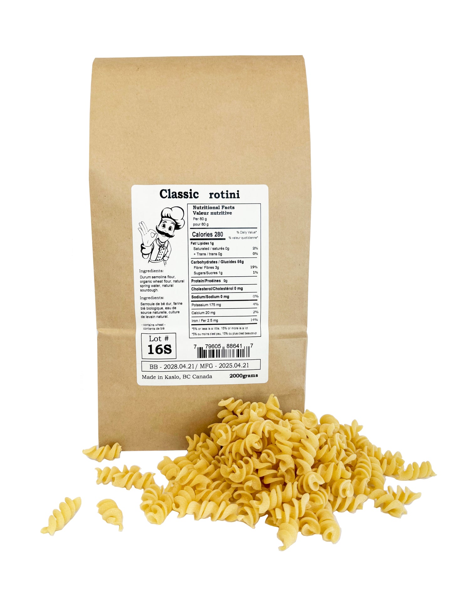 Kraft paper bag of Classic rotini pasta with a label on a white background