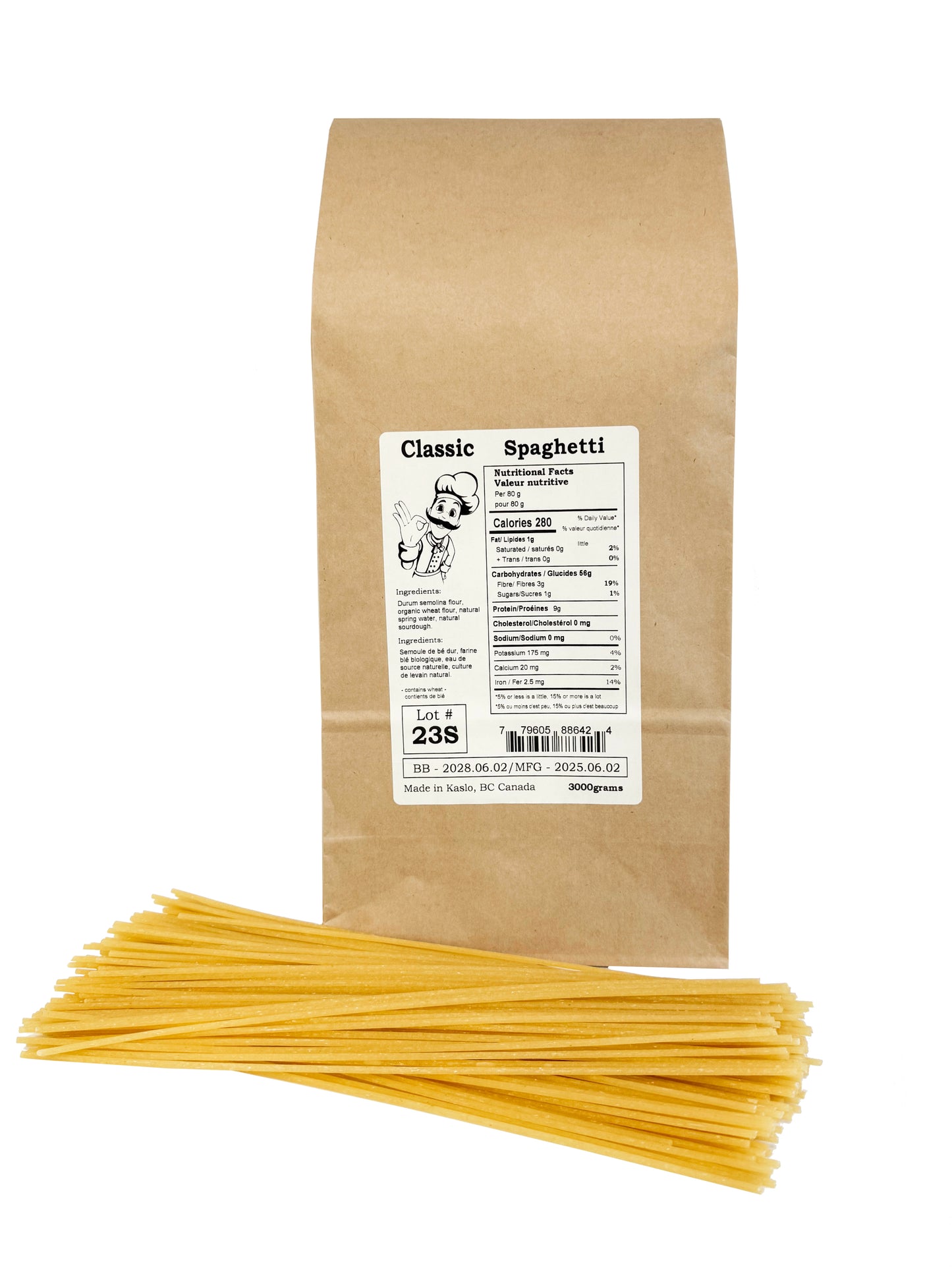 Kraft bulk paper bag of classic spaghetti with a label on a white background