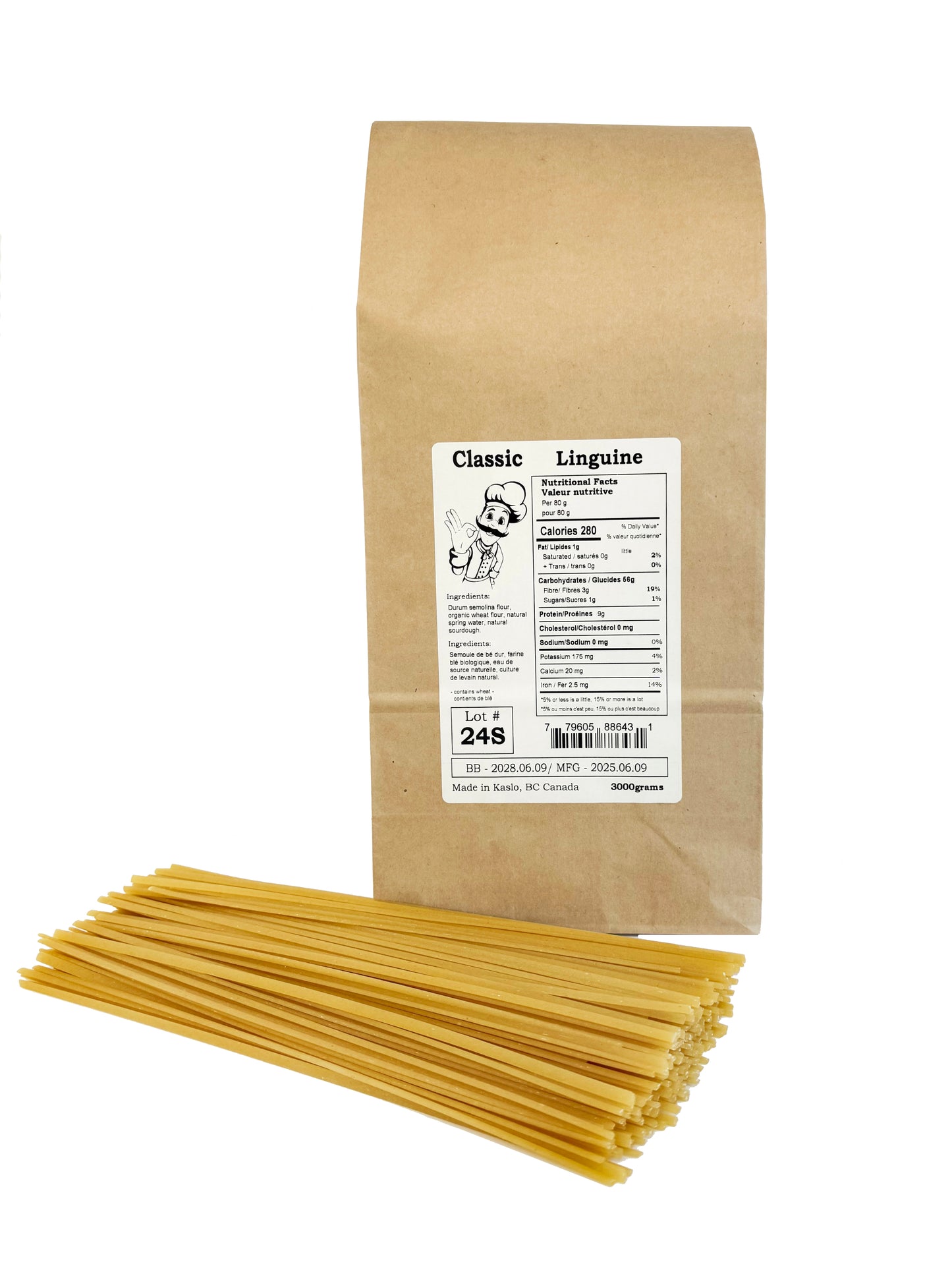Kraft paper bag of Classic Linguine pasta with a label on a white background