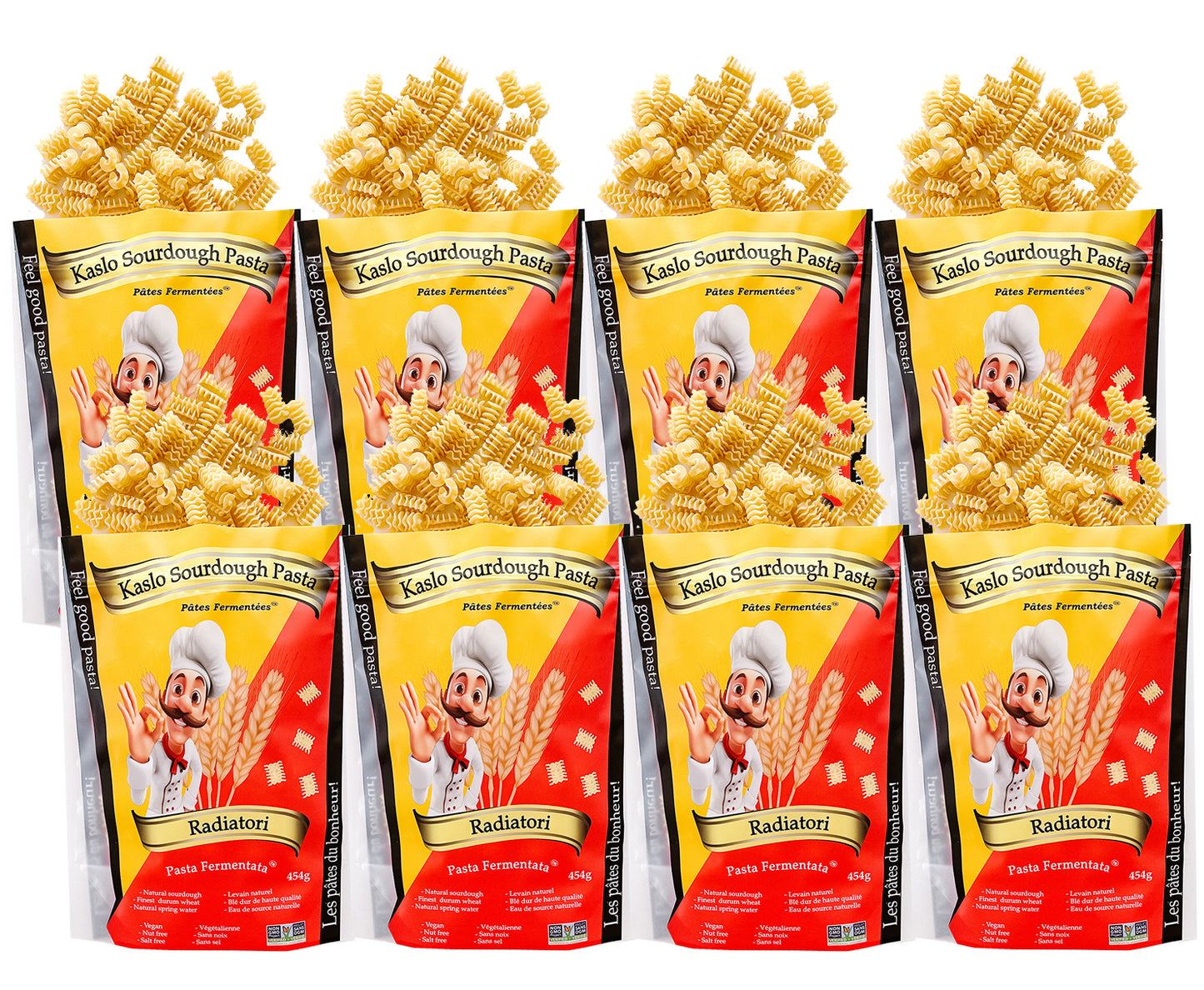 Eight packages of Kaslo Sourdough Radiatori Pasta on a white background