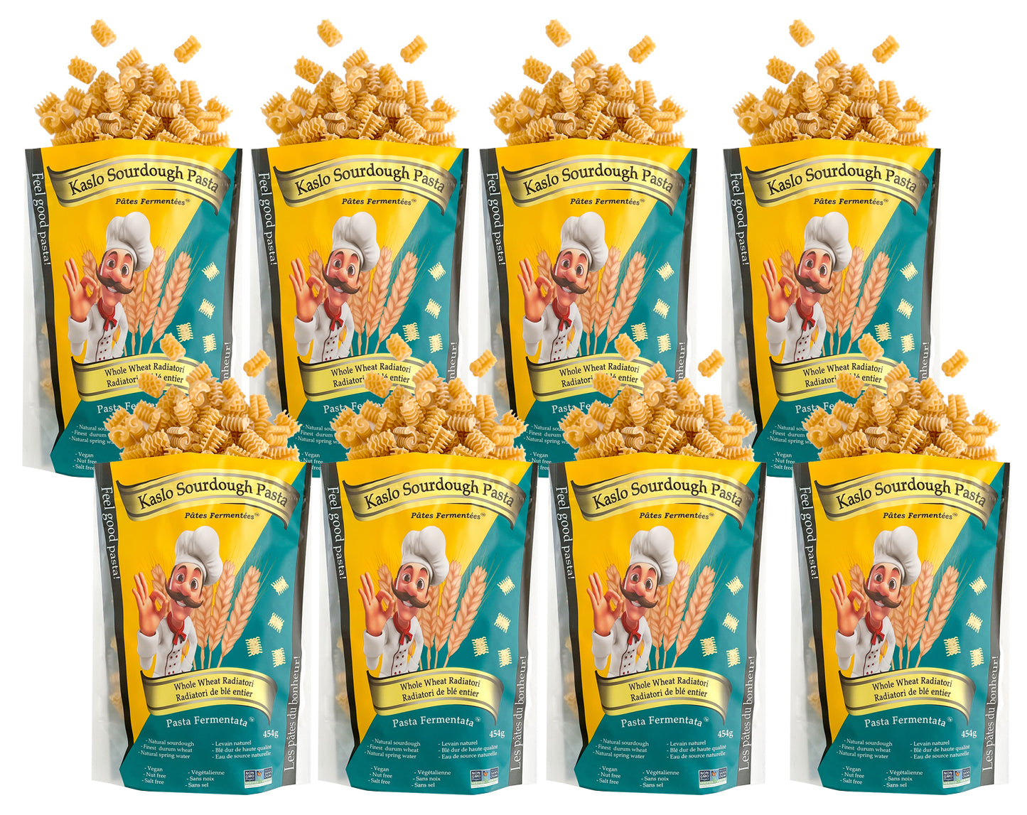 Eight packages of Kaslo Sourdough Whole Wheat Pasta on a white background