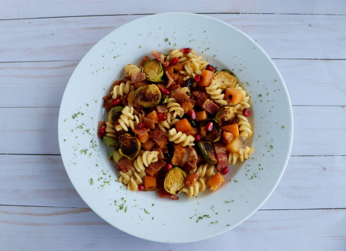 Bacon, Brussels Sprouts, Butternut Squash Pasta