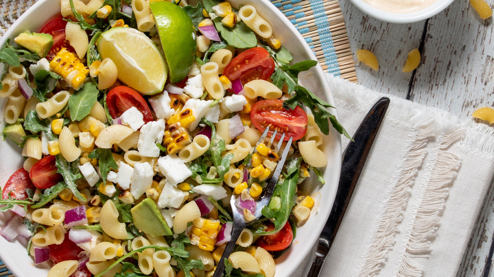 Grilled Corn Pasta Salad with Lime Crema Dressing by Fraîche Living