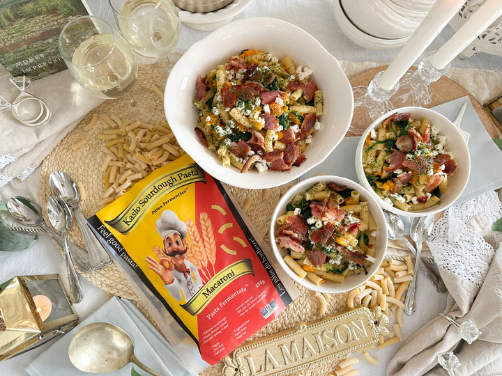 Squash, Spinach, Roasted Garlic Pasta with Chèvre & Bacon