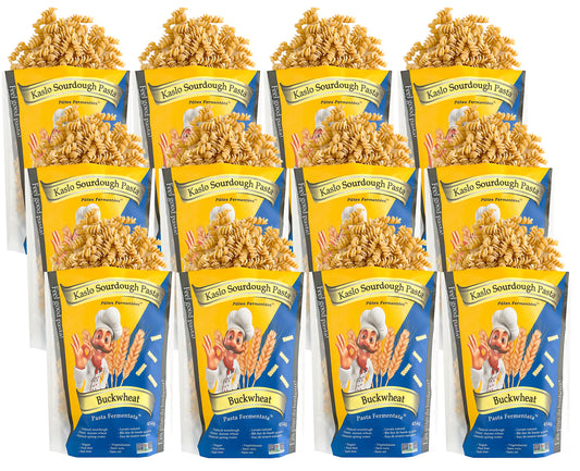 Multiple packages of Kaslo Sourdough buckwheat pasta on a white background