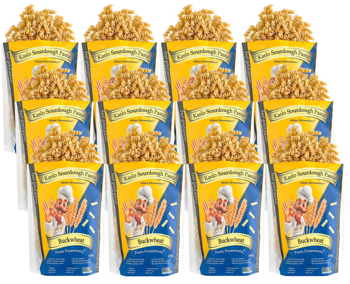 Multiple packages of Kaslo Sourdough buckwheat pasta on a white background