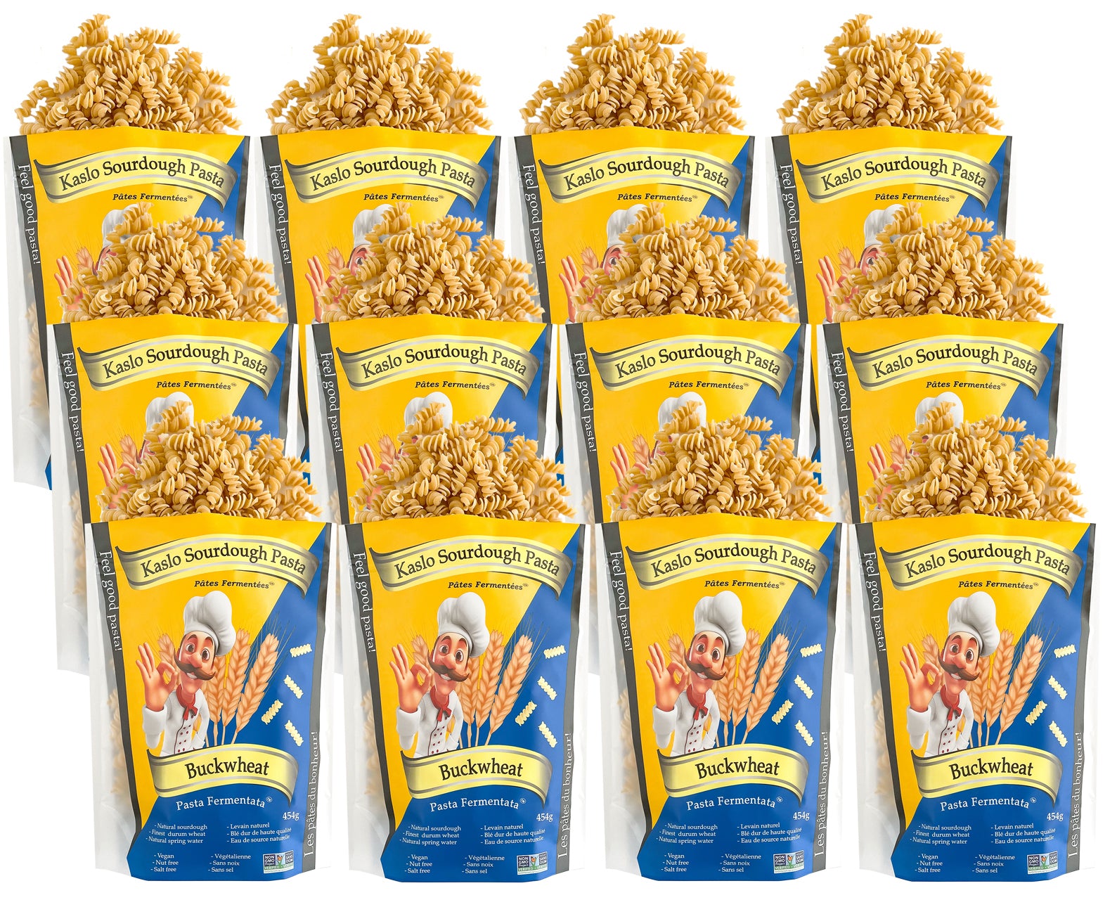 Multiple packages of Kaslo Sourdough buckwheat pasta on a white background