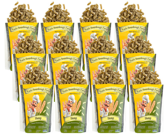 Multiple packages of Kaslo Sourdough hemp Pasta on a white background