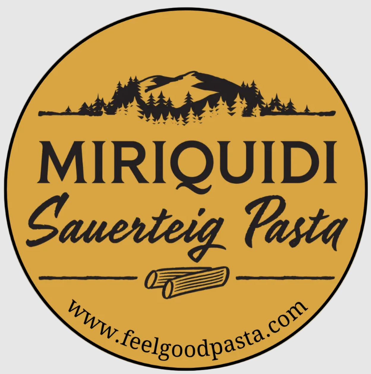 Logo of Miriquidi Sauerteig Pasta with a mountain and tree design on a yellow background.
