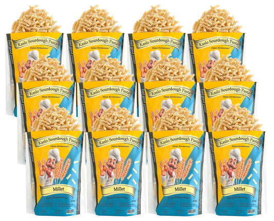 Twelve packages of Kaslo Sourdough h millet pasta on a white background