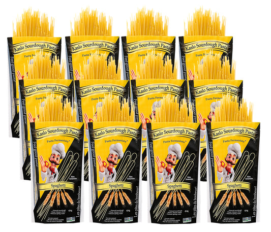 Twelve packages of Kaslo Sourdough spaghetti Pasta with yellow packaging on a white background