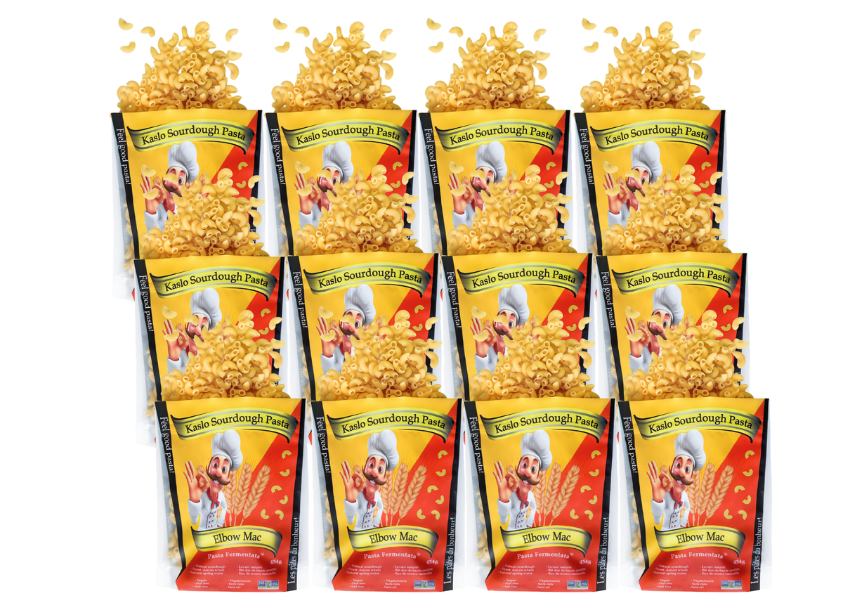 12 packages of Kaslo Sourdough Elbow Mac Pasta on a white background