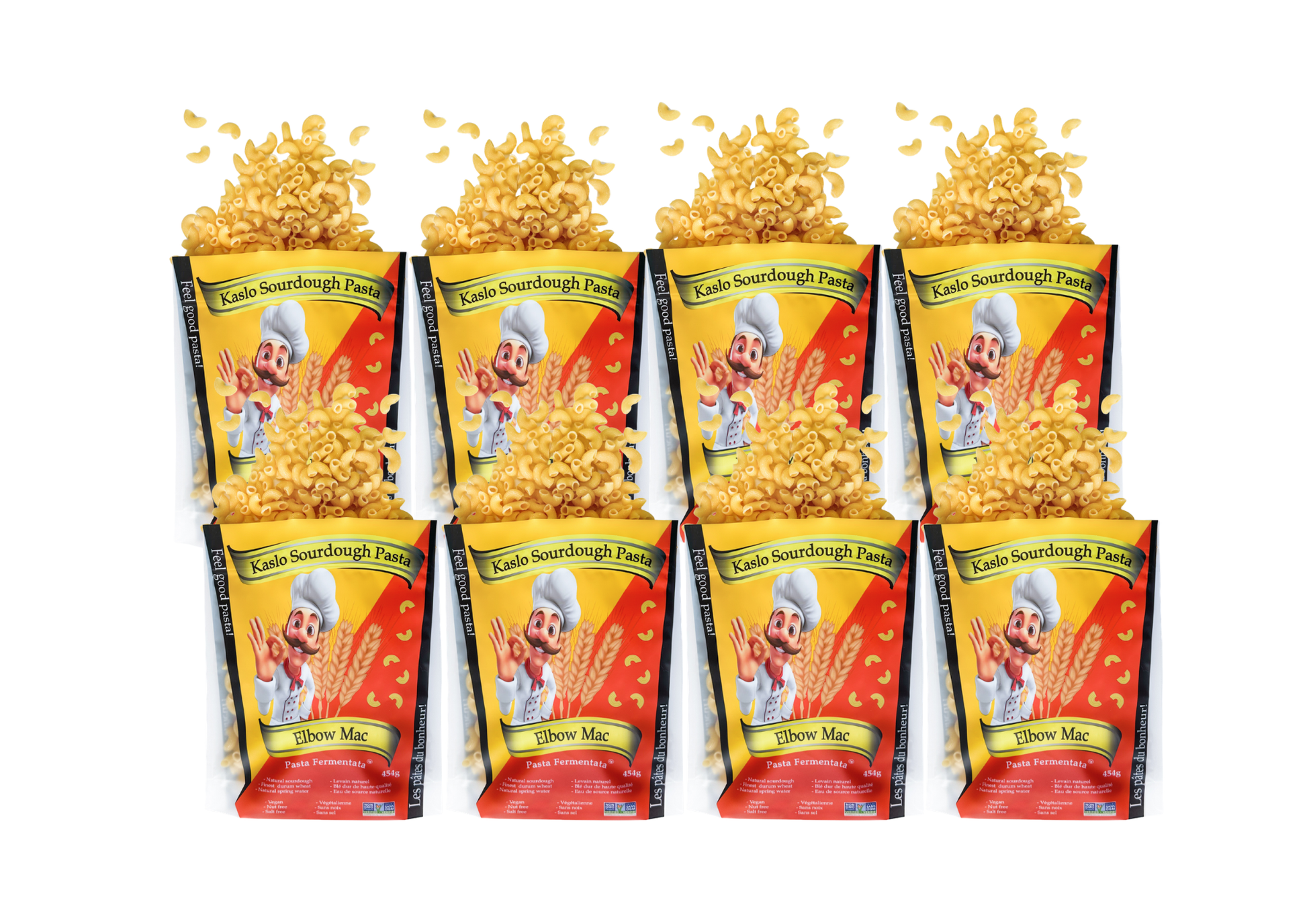 8 packages of Kaslo Sourdough Elbow Mac Pasta on a white background