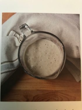 Image of a nice bubbly sourdough culture in a glass measuring cup.