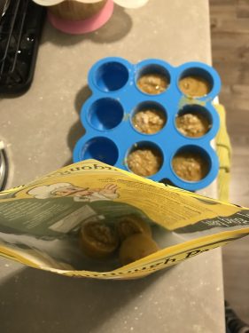 An idea to reuse your Kaslo Sourdough pasta bag for frozen baby puree cubes. Silicone tray with a Kaslo Sourdough bag beside it. 